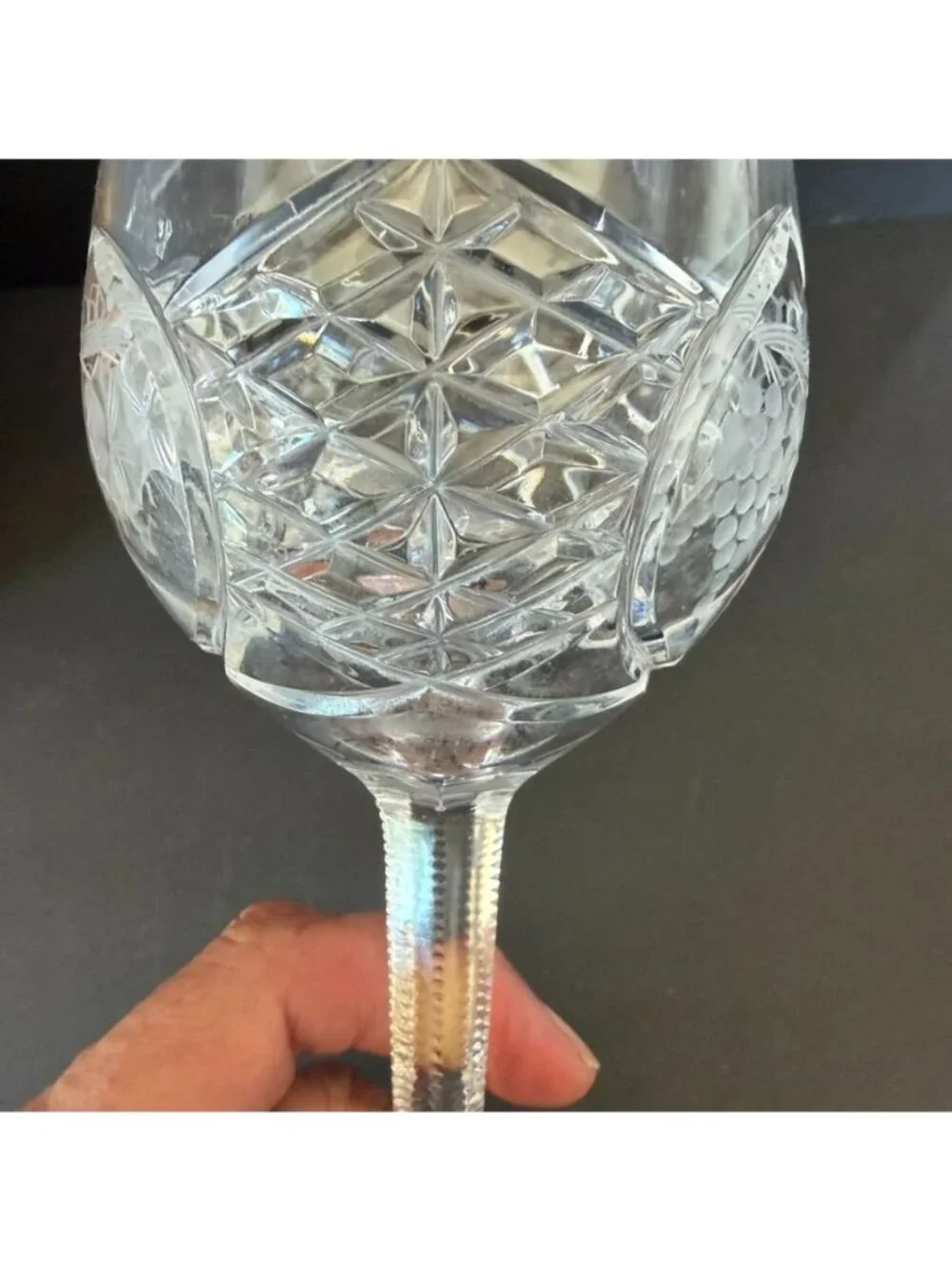 Pair of Vintage Crystal Water Goblets Crisscross Cut Stem Grapes  Discontinued